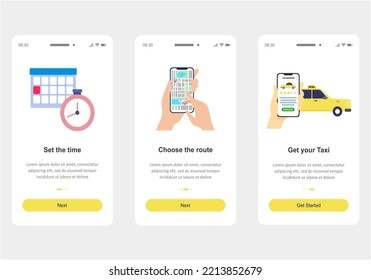 Onboarding screens for online taxi booking app for mobile or responsive website. vector illustration.