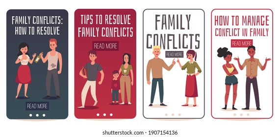 Onboarding Screens zum Thema Familienkonflikte Management und Lösung, flache Vektorgrafik. Seite der Anwendung psychologischer Online-Hilfe in Familienkonflikten.