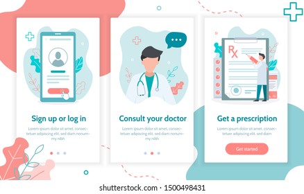 Onboarding screens template for mobile applications and websites. Medical online service for obtaining prescription. Sign up, get a doctor's consultation, get a prescription. Flat vector illustration.