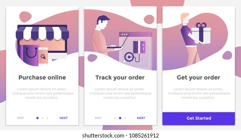 Onboarding Screens User Interface Kit. Modern user interface UX, UI screen template for mobile smart phone or responsive web site. E-commerce theme. Vector Illustration svg