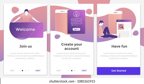 Onboarding Screens User Interface Kit. Modern user interface UX, UI screen template for mobile smart phone or responsive web site. Vector Illustration svg