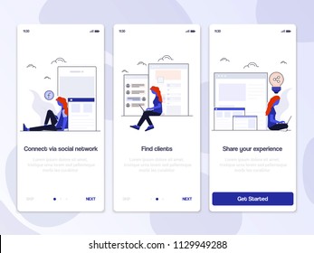 Onboarding Screens User Interface Kit. Modern user interface UX, UI screen template for mobile smart phone or responsive web site. Vector Illustration