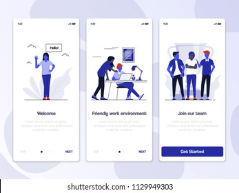 Onboarding Screens User Interface Kit. Modern user interface UX, UI screen template for mobile smart phone or responsive web site. Business theme. Vector Illustration