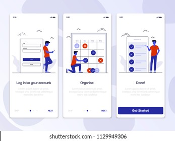 Onboarding Screens User Interface Kit. Modern user interface UX, UI screen template for mobile smart phone or responsive web site. Vector Illustration