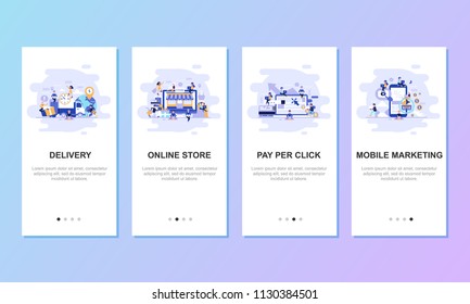 Onboarding screens user interface kit for mobile app templates concept. Modern user interface UX, UI screen template for mobile smart phone or responsive web site. Vector illustration flat design.