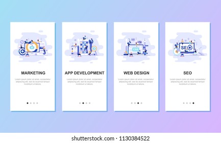 Onboarding screens user interface kit for mobile app templates concept. Modern user interface UX, UI screen template for mobile smart phone or responsive web site. Vector illustration flat design.