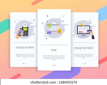 Onboarding screens user interface kit for mobile app templates concept of online payment methods. Internet banking, purchasing and transaction, electronic funds transfers and bank wire transfer.