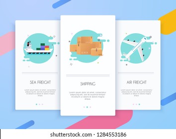 Onboarding screens user interface kit for mobile app templates concept of logistics and delivery. Modern vector illustration walkthrough screens template for mobile apps.