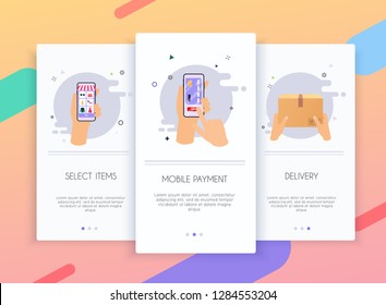 Onboarding screens user interface kit for mobile app templates concept of online shopping. Concept for web banners, websites, infographics.