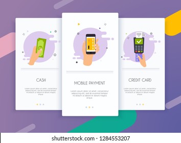 Onboarding Screens User Interface Kit For Mobile App Templates Concept Of  Payment Methods. Cash, Internet Banking, Purchasing And Transaction, Electronic Funds Transfers And Bank Wire Transfer.