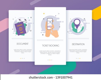 Onboarding screens user interface kit for mobile app templates concept of ticket booking. Traveling on airplane, planning a summer vacation, tourism and journey objects and passenger luggage.