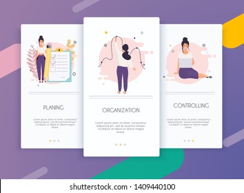 Onboarding screens user interface kit for mobile app templates concept of controlling. Business processes. Concept for web banners, websites, infographics.