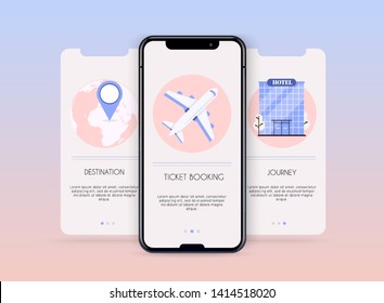 Onboarding screens user interface kit for mobile app templates concept of travel and ticket booking. Concept for web banners, websites, infographics.