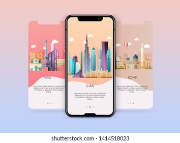 Onboarding screens user interface kit for mobile app templates concept of travel and ticket booking. Concept for web banners, websites, infographics.
