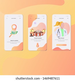 Onboarding Screens User Interface Kit. Modern user interface UX, UI screen template for mobile smart phone or responsive web site.Searching Hospital and Meet Doctor theme. Vector Illustration - Vector
