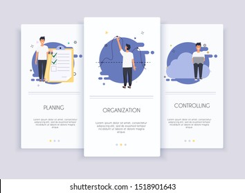 Onboarding screens user interface kit for mobile app templates concept of controlling. Business processes. Concept for web banners, websites, infographics.