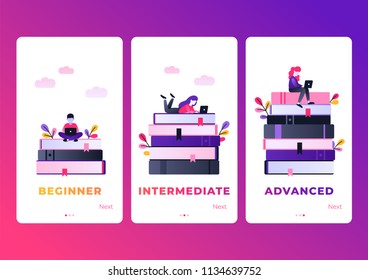 Onboarding set for mobile app. Flat vector characters working with laptop. Modern ultra violet gradient illustration of distance learning, online courses, education, online books, e-learning.