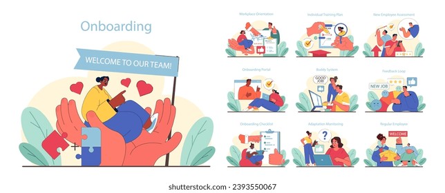 Onboarding set. Welcoming new hires with comprehensive steps. From orientation to becoming a team member. Flat vector illustration.