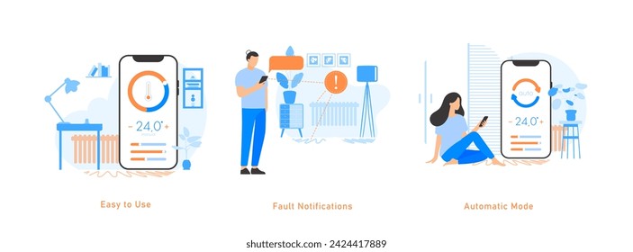 Onboarding slides for the home heating system application. The topic of controlling underfloor heating and radiators in an apartment.