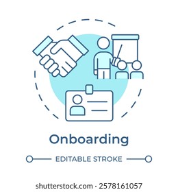 Onboarding soft blue concept icon. Integrating new employee into team. Human resource management system. Round shape line illustration. Abstract idea. Graphic design. Easy to use in brochure