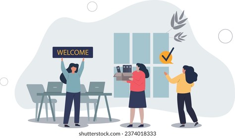 Onboarding and stepping into team as welcome new staff member .Greetings and welcome process into company .flat vector illustration