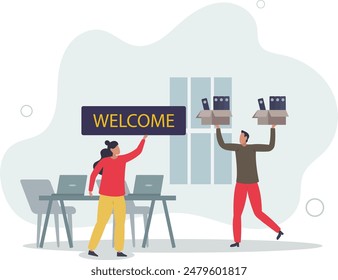 Onboarding and stepping into team as welcome new staff member .Greetings and welcome process into company .flat illustration.