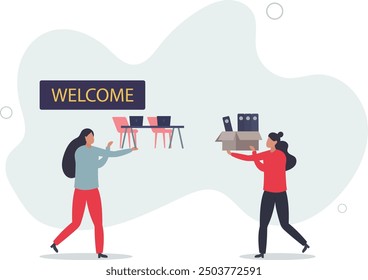 Onboarding and stepping into team as welcome new staff member .Greetings and welcome process into company .flat design with people.