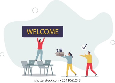 Onboarding and stepping into team as welcome new staff member .Greetings and welcome process into company .flat characters.