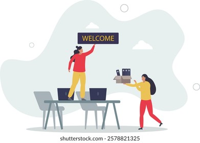 Onboarding and stepping into team as welcome new staff member .Greetings and welcome process into company .flat characters.