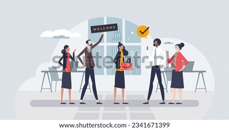 Onboarding and stepping into team as welcome new staff member tiny person concept. Greetings and welcome process into company vector illustration. Introduce colleagues and cooperative environment.