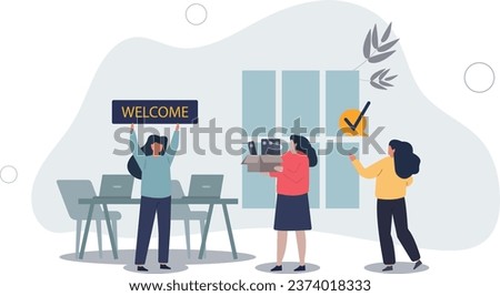 Onboarding and stepping into team as welcome new staff member .Greetings and welcome process into company .flat vector illustration