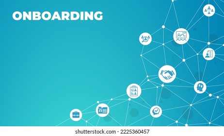 Onboarding vector illustration. Concept with connected icons related to welcoming new hire, welcome culture in the company, employee satisfaction, talent retention, workforce training. svg