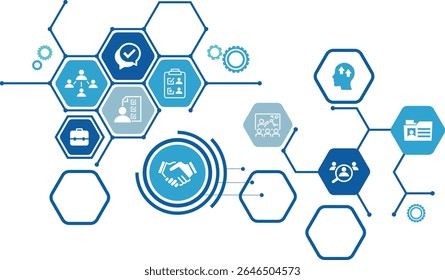 Onboarding vector illustration. Concept with connected icons related to welcoming new hire, welcome culture in the company, employee satisfaction, talent retention, workforce training.