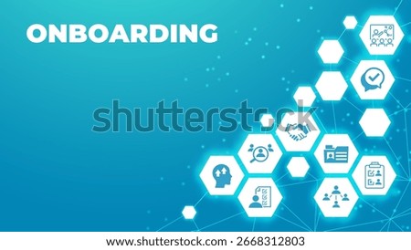 Onboarding vector illustration. Concept with connected icons related to welcoming new hire, welcome culture in the company, employee satisfaction, talent retention, workforce training.
