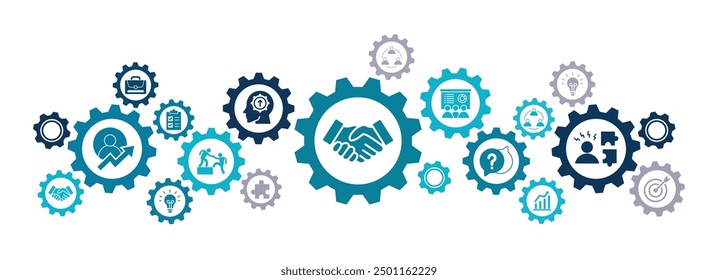 Onboarding vector illustration. Concept with icons on integrating new hire, welcome culture in company, employee satisfaction, talent retention, workforce training, job orientation and introduction.