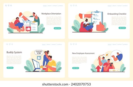 Onboarding web or landing set. Comprehensive orientation, detailed checklists, effective buddy systems, and thorough employee assessments. Nurturing professional growth. Flat vector illustration.