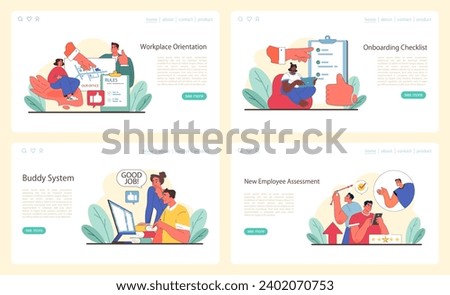 Onboarding web or landing set. Comprehensive orientation, detailed checklists, effective buddy systems, and thorough employee assessments. Nurturing professional growth. Flat vector illustration.