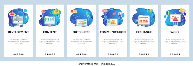 Onboarding for web site and mobile app. Menu banner vector template for website and application development. Development, Content, Outsource, Communication, Exchange, Work walkthrough screens.