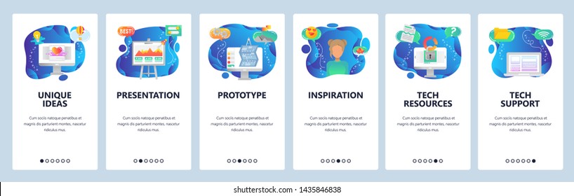 Onboarding for web site and mobile app. Menu banner vector template for website and application development. Unique ideas, Presentation, Prototype, Inspiration, Tech resources and support screens.