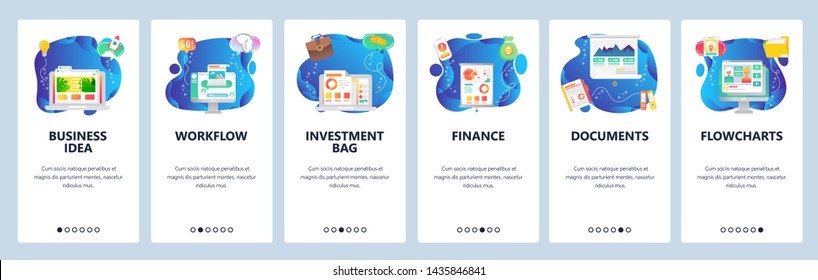 Onboarding for web site and mobile app. Menu banner vector template for website and application development. Business idea, Workflow, Investment bag, Finance, Documents, Flowcharts walkthrough screens
