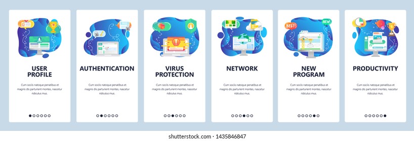 Onboarding for web site and mobile app. Menu banner vector template for website and application development. User profile, Authentication, Virus protection, Network, New program, Productivity screens.