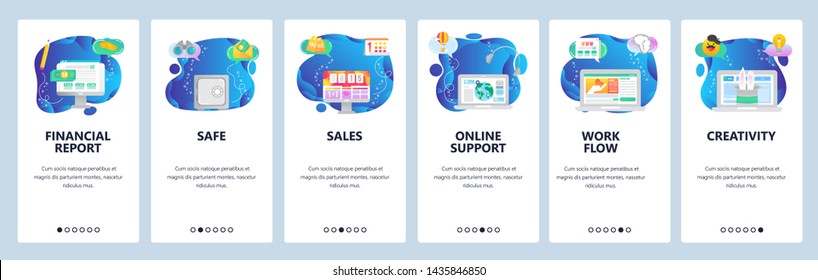Onboarding for web site and mobile app. Menu banner vector template for website and application development. Financial report, Safe, Sales, Online support, Workflow, Creativity walkthrough screens.