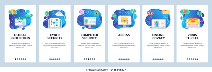 Onboarding for web site and mobile app. Menu banner vector template for website and application development. Global protection, Cyber, computer security, Access, Online privacy, Virus threat screens.