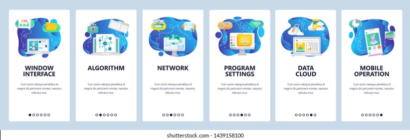 Onboarding for web site and mobile app. Menu banner vector template for website and application development. Window interface, Algorithm Network, Program settings, Data cloud, Mobile operation screens