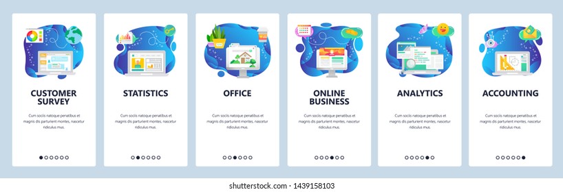 Onboarding for web site and mobile app. Menu banner vector template for website and application development. Customer survey, Statistics, Office, Online business, Analytics, Accounting screens.