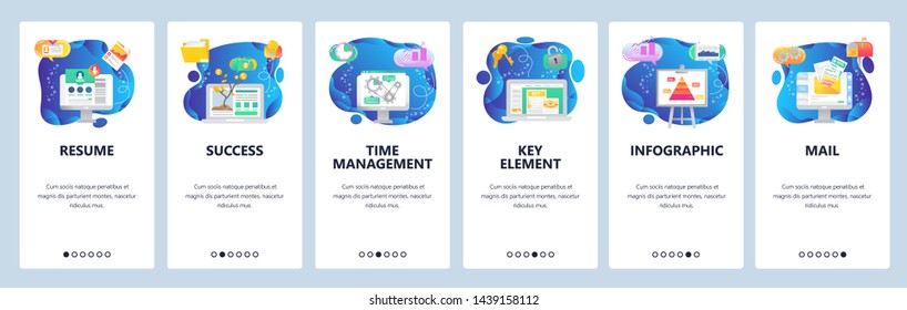 Onboarding for web site and mobile app. Menu banner vector template for website and application development. Resume, Success, Time management, Key element, Infographic, Mail walkthrough screens.