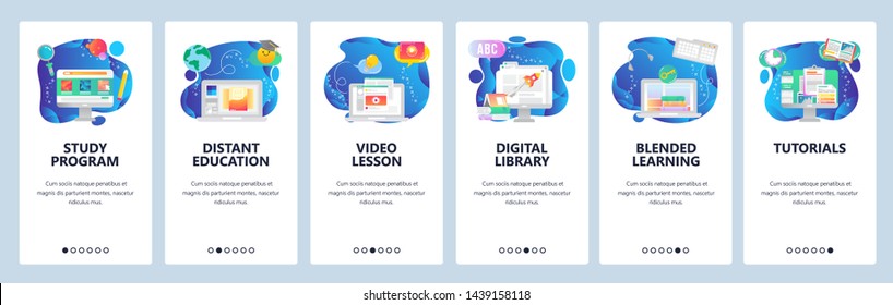 Onboarding for web site and mobile app. Menu banner vector template for website and application development. Study program, Distant education, Video lesson, Digital library, Blended learning screens.