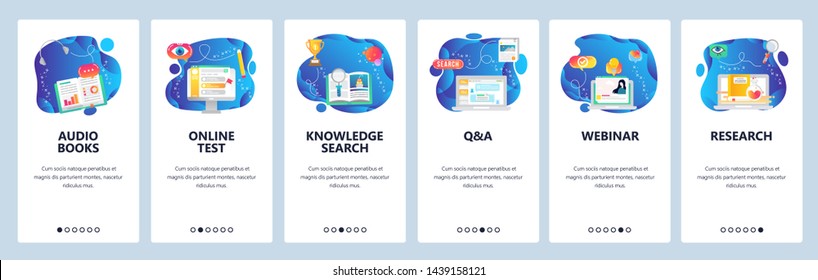 Onboarding for web site and mobile app. Menu banner vector template for website and application development. Audio books, Online test, Knowledge search, Q and A, Webinar, Research walkthrough screens.