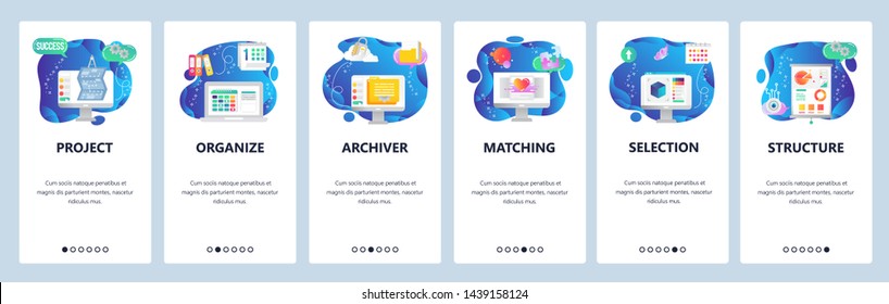 Onboarding for web site and mobile app. Menu banner vector template for website and application development. Project, Organize, Archiver, Matching, Selection, Structure walkthrough screens.