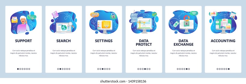 Onboarding for web site and mobile app. Menu banner vector template for website and application development. Support, Search, Settings, Data protect, Data exchange, Accounting walkthrough screens.